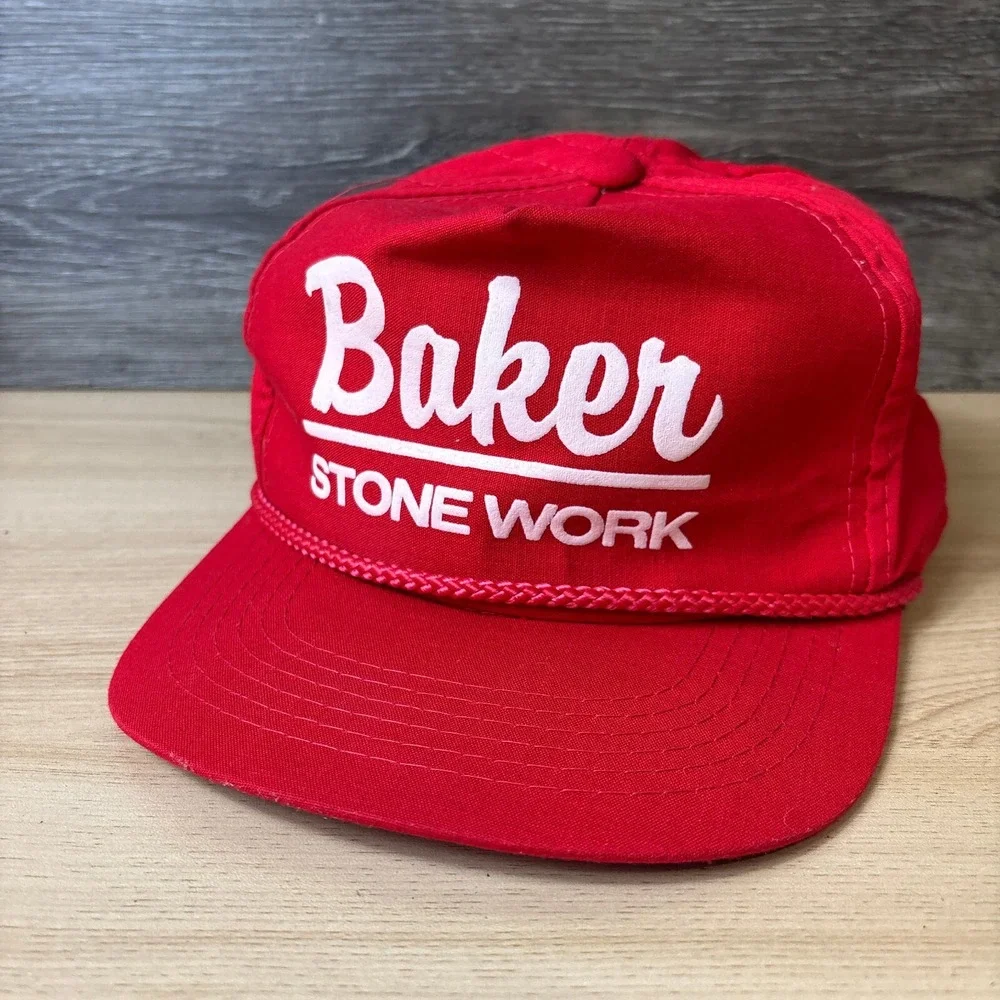 Vintage‎ Baker Stone Work Hat Cap Snap Back Black Red Outdoors 90s